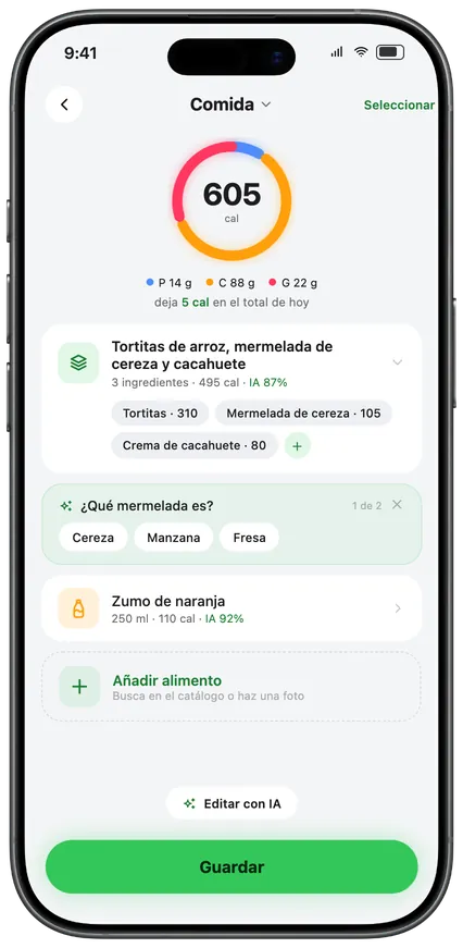 Una comida registrada con sus ingredientes