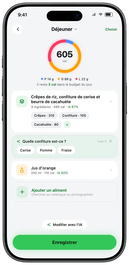 Un repas enregistré avec ses ingrédients